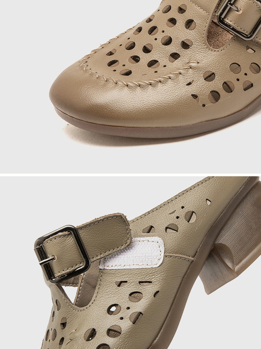 Women Casual Genuine Leather Hollow Out Mid Heel Sandals