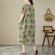 Summer V-neck Cotton Linen Print Dress