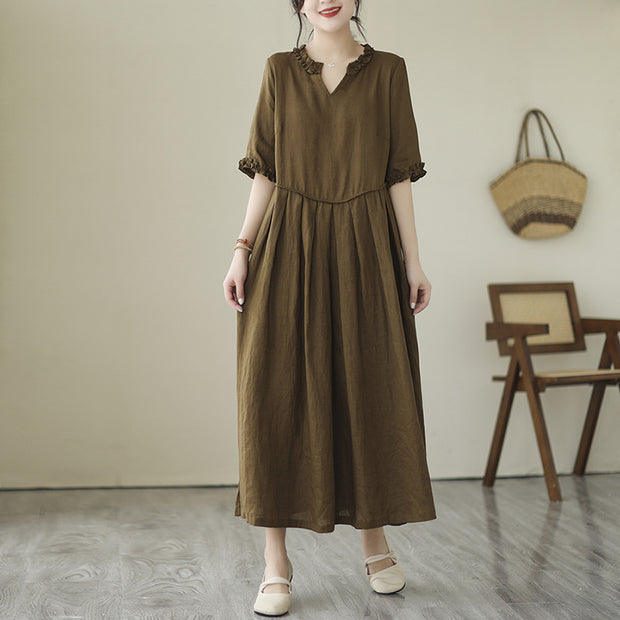 Summer Plus Size Vintage Cotton Linen V Neck Dress