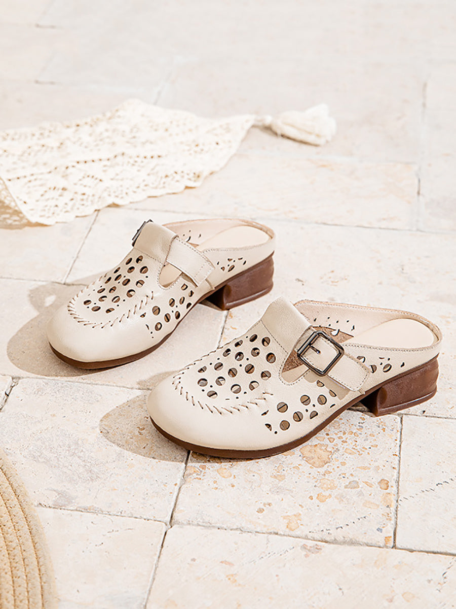 Women Casual Genuine Leather Hollow Out Mid Heel Sandals