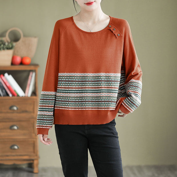 Women's Autumn Loose Round Neck Striped Knitted Top