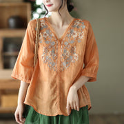 Women's Summer Embroidered Ramie V-neck Top