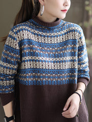 Women Vintage Spliced Turtleneck Knitted Sweater
