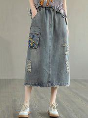 Women Summer Casual Distressed Pocket Embroidery Skirt