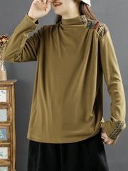 Plus Size Ethnic Patch Button Spliced Turtleneck Sweatshirt
