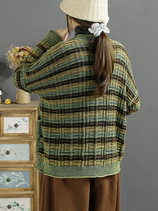 Women Winter Retro Stripe Jacquard O-Neck Sweater