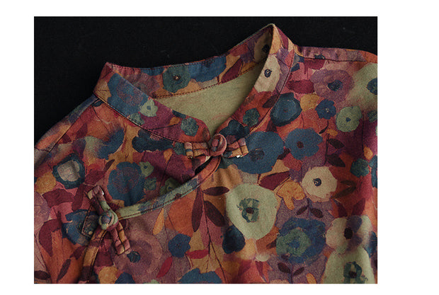 Women's Autumn Cotton Print Stand Collar Top