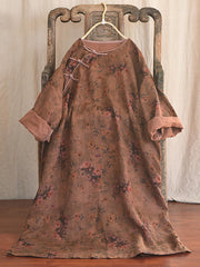 Plus Size Floral Autumn Vintage Linen Women Loose Dress