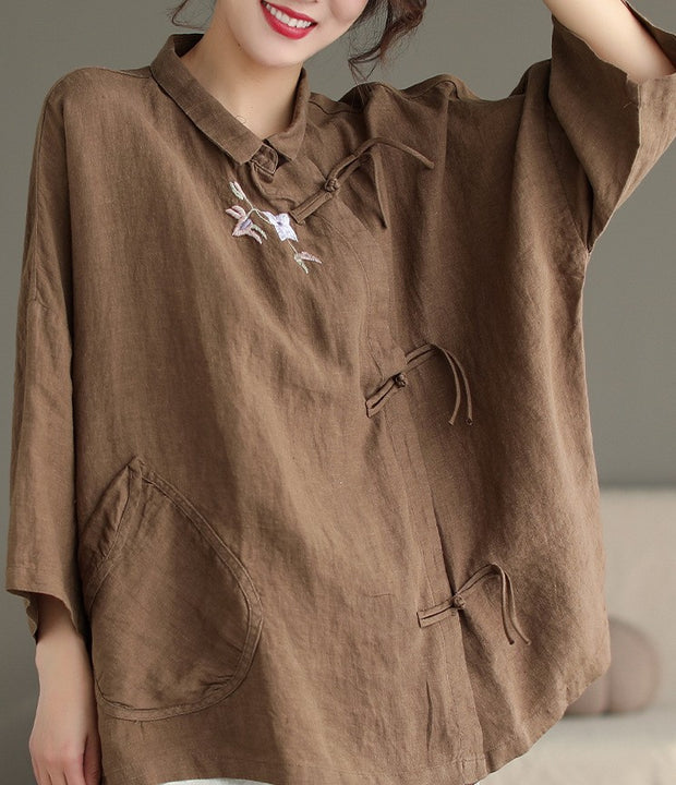 Spring Women's Slanted-Breasted Buckle Linen Top