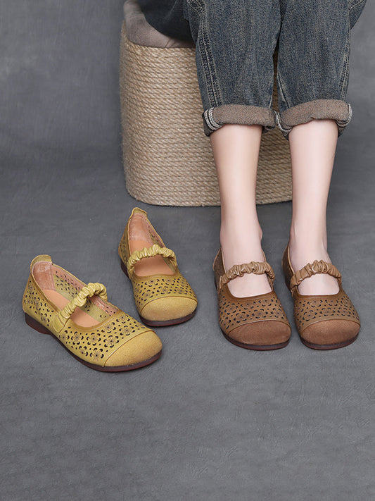 Women Vintage Hollow Out Leather Spliced Low Heel Shoes