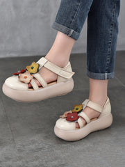 Women Summer Genuine Leather Flower Platform Sandals