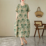 Summer V-neck Cotton Linen Print Dress
