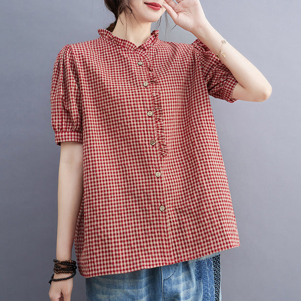 Women's Summer Cotton Linen Plaid V-neck Shirt