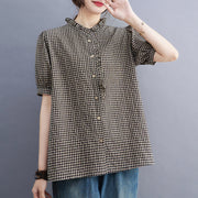 Women's Summer Cotton Linen Plaid V-neck Shirt