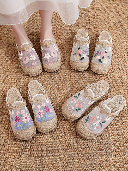 Women Summer Flower Embroidery Slippers