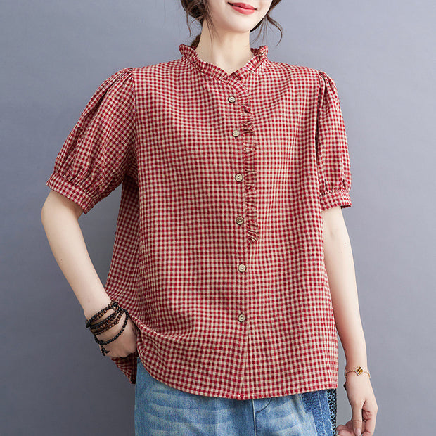 Women's Summer Cotton Linen Plaid V-neck Shirt