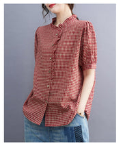 Women's Summer Cotton Linen Plaid V-neck Shirt