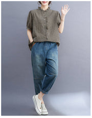 Women's Summer Cotton Linen Plaid V-neck Shirt