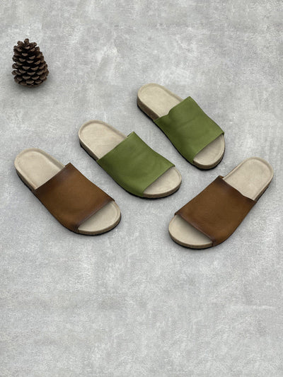 Women Vintage Summer Pure Color Leather Slippers