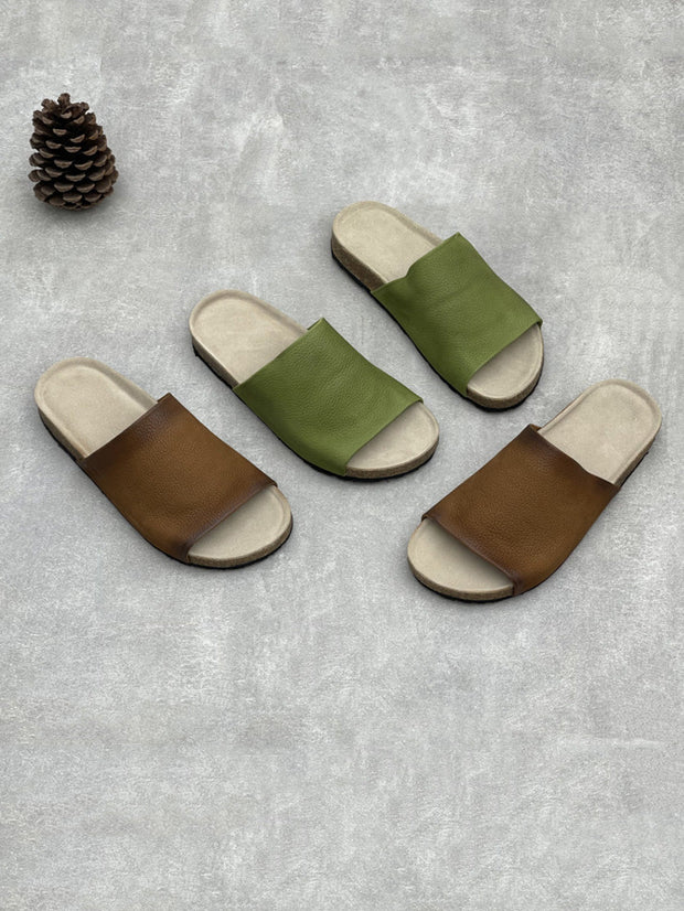 Women Vintage Summer Pure Color Leather Slippers