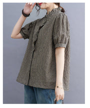 Women's Summer Cotton Linen Plaid V-neck Shirt