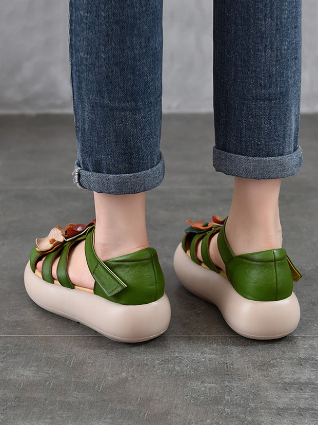 Women Summer Genuine Leather Flower Platform Sandals