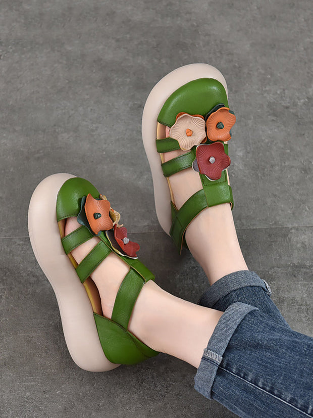 Women Summer Genuine Leather Flower Platform Sandals