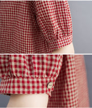 Women's Summer Cotton Linen Plaid V-neck Shirt