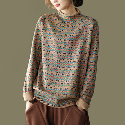 Women Vintage Floral Turtleneck Warm Pullover Sweater