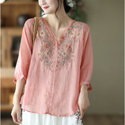 Women's Summer Embroidered Ramie V-neck Top