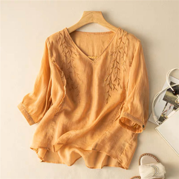 Women's Summer Ramie Embroidery V-neck Top