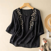 Women's Summer Ramie Embroidery V-neck Top