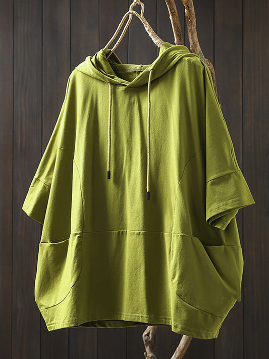 Plus Size Women Summer Casual Pure Color Hooded Cotton Shirt
