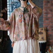 Women Vintage Floral Split Hem V-Neck Loose Linen Shirt