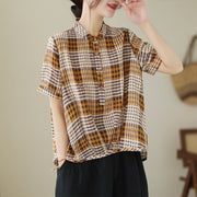 Women's Summer Cotton Linen Checked Stand Collar Shirt