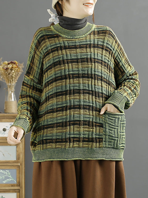 Women Winter Retro Stripe Jacquard O-Neck Sweater