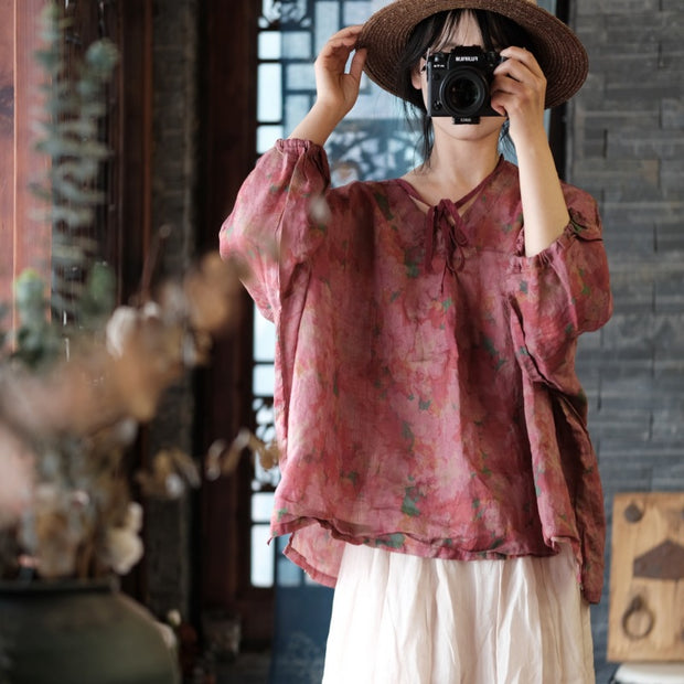 Women Vintage Floral Split Hem V-Neck Loose Linen Shirt