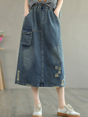 Women Summer Casual Distressed Pocket Embroidery Skirt