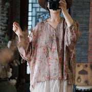 Women Vintage Floral Split Hem V-Neck Loose Linen Shirt