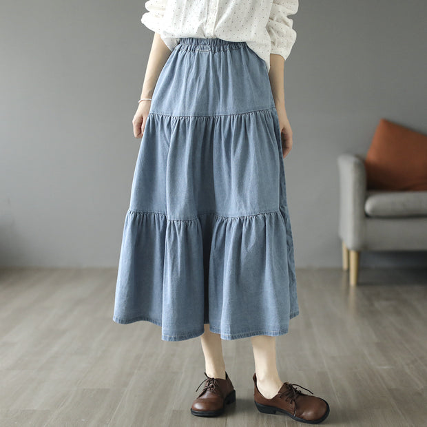 Spring Cotton Panel Denim Skirt