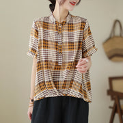 Women's Summer Cotton Linen Checked Stand Collar Shirt