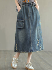 Women Summer Casual Distressed Pocket Embroidery Skirt