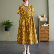 Summer Cotton  Linen Round Neck Print Short-Sleeved Dress