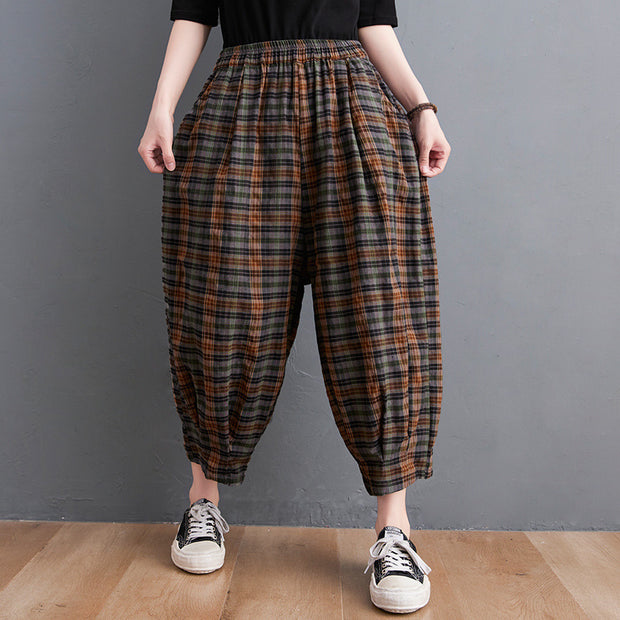 Women's Summer Plaid Cotton Linen Bloomers