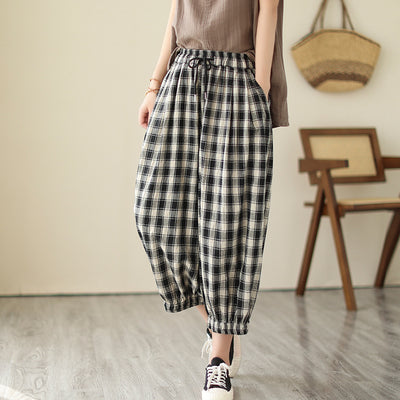 Women's Summer Plaid Cotton Linen Harem Pants