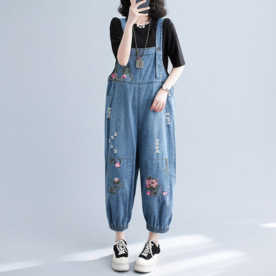 Spring Loose Embroidered Denim Overalls