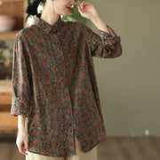 Spring Floral POLO Collar Cotton Linen Shirt