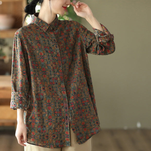 Spring Floral POLO Collar Cotton Linen Shirt