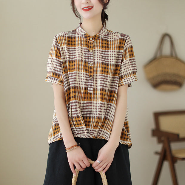 Women's Summer Cotton Linen Checked Stand Collar Shirt