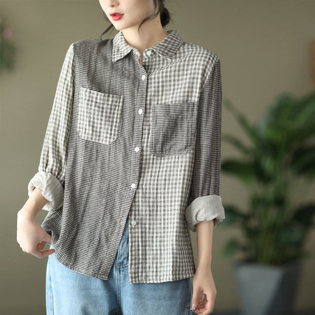 Women's Spring Vintage Double Cotton Yarn Shirt Plaid Shirt